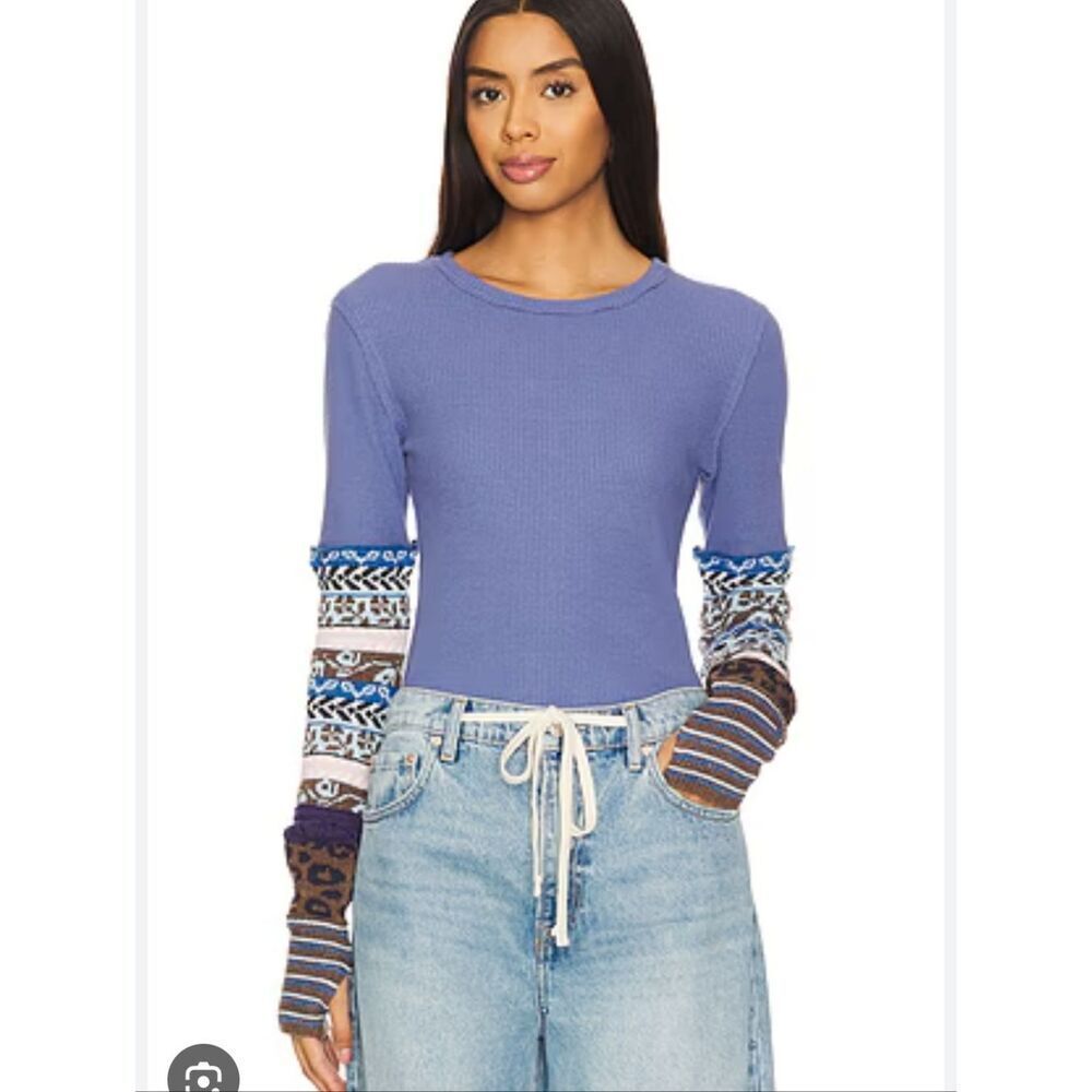 Free People x We The Free All In Cuff Tee Indigo Combo Fitted Ribbed Long Sleeve